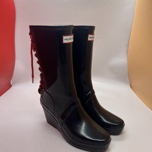 HUNTER VERBIER BLACK BOOT RED LACE UP WEDGE HEELS LKNEW SIZE 7-7.5/38 rubberrain